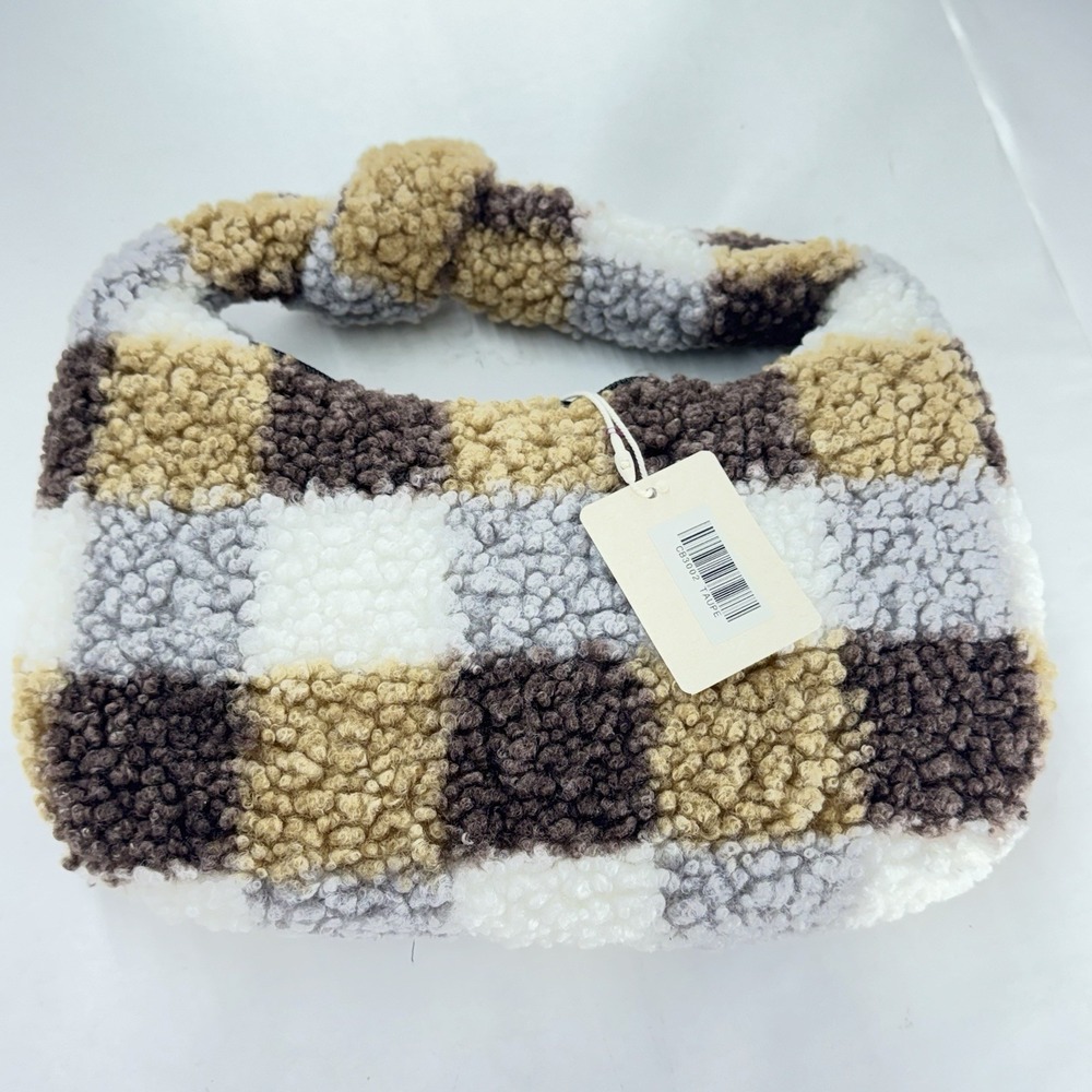 Women's Square Sherpa Bag. Tan  Brown Checker - Small. Black Lining New